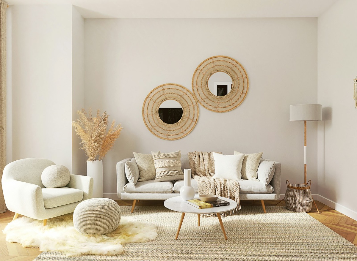 Minimal living room with rattan mirrors